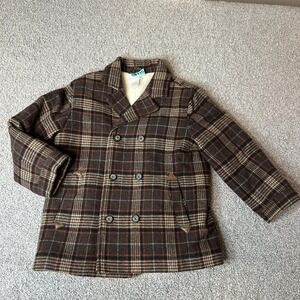 Janie And Jack Pea‎ Coat Kids 4-5 Brown Plaid Wool Faux Fur Lined Winter preppy